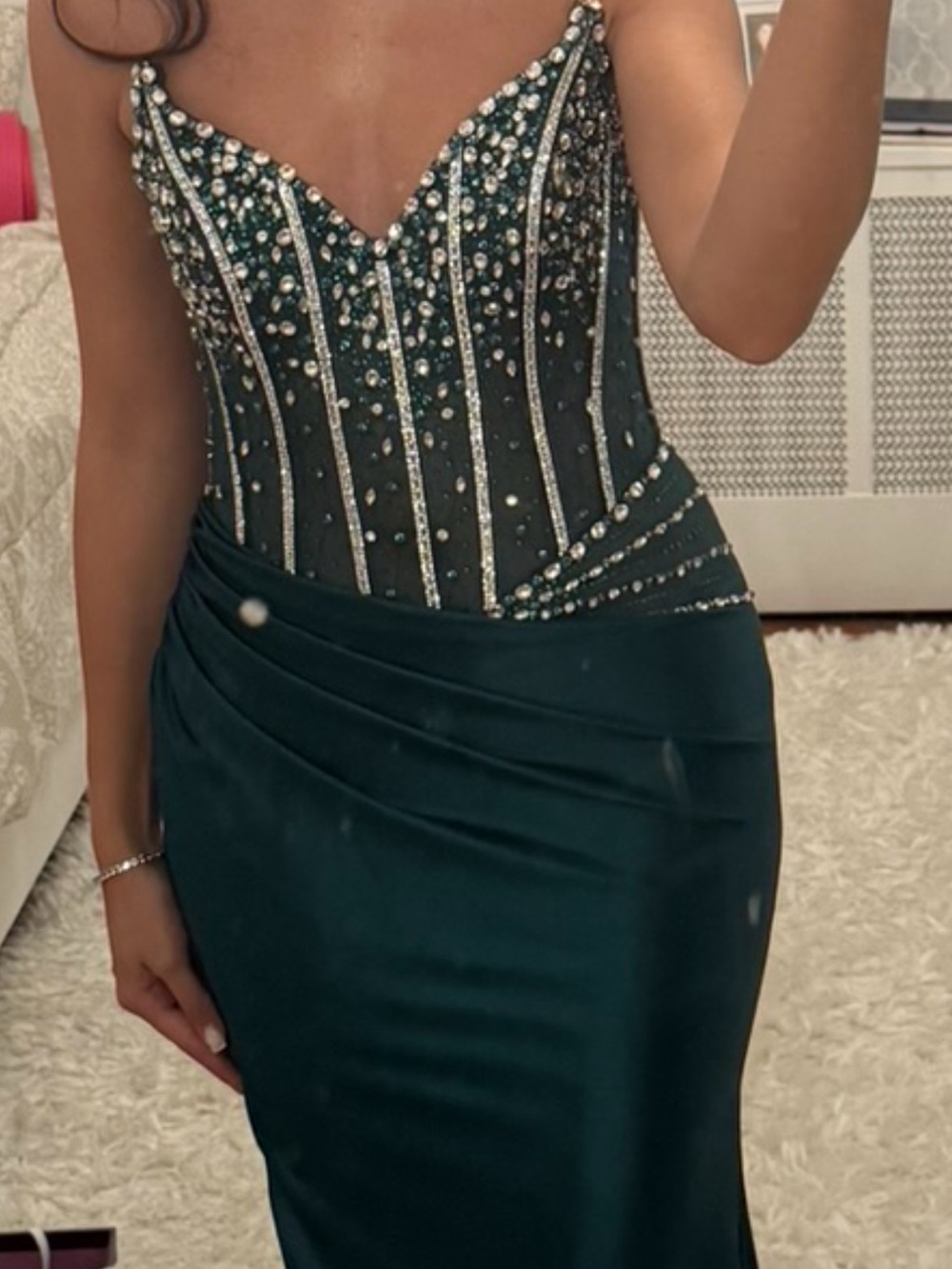 Strapless Beaded Emerald Green Satin Evening Dress - Picture 3 of 3
